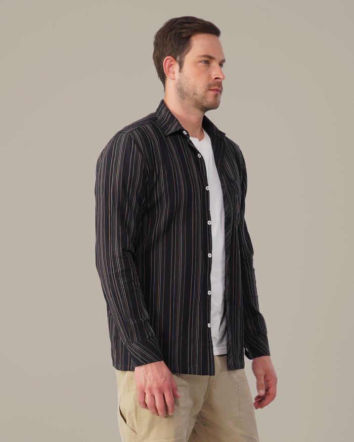 Dark Brown Striped 100% Cotton Slub Shirt