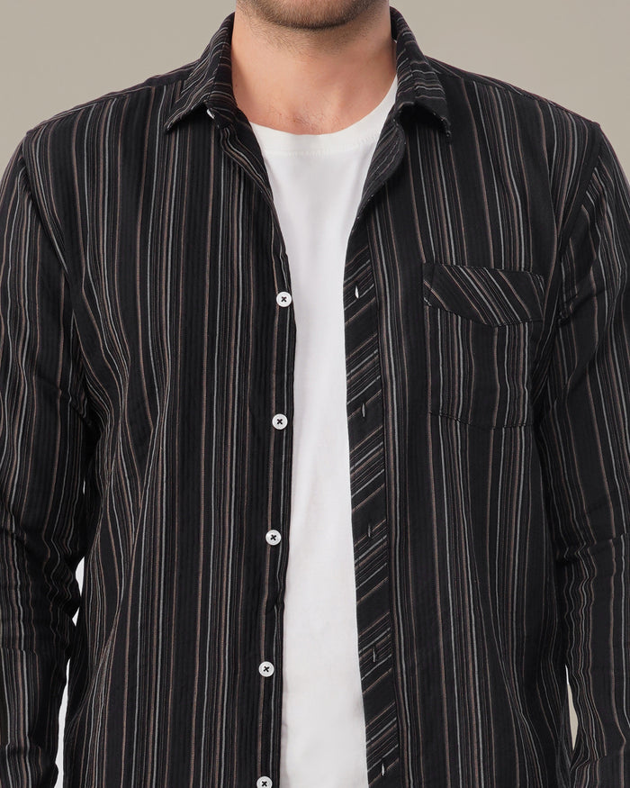 Dark Brown Striped 100% Cotton Slub Shirt