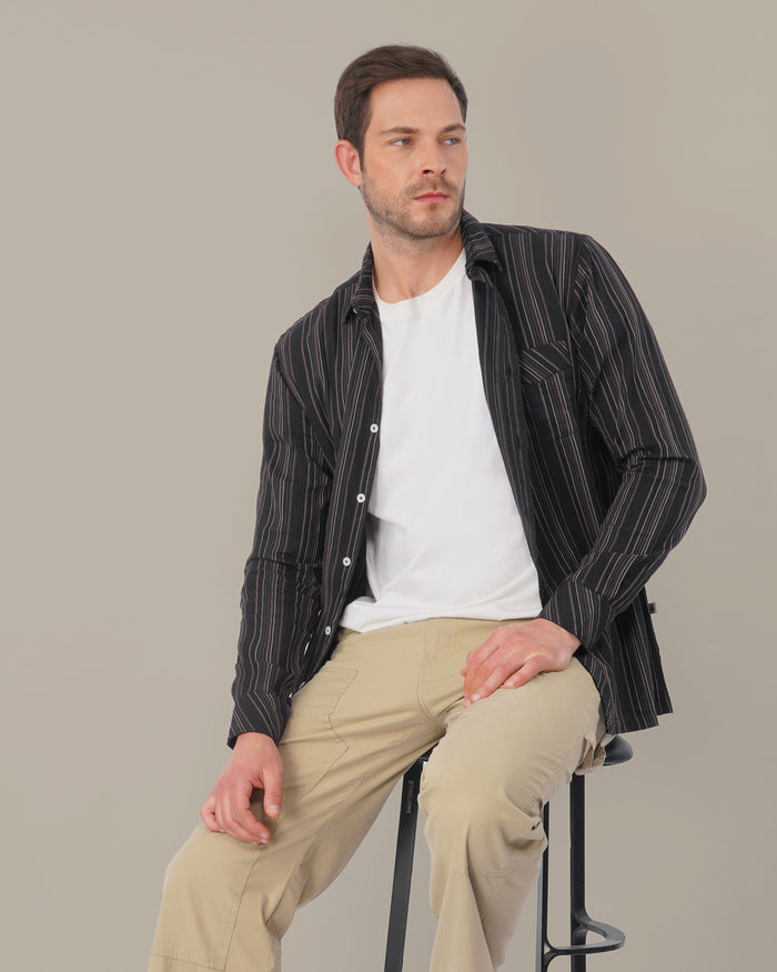Dark Brown Striped 100% Cotton Slub Shirt