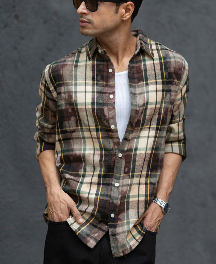 Dark Brown Washed Checks Shirt