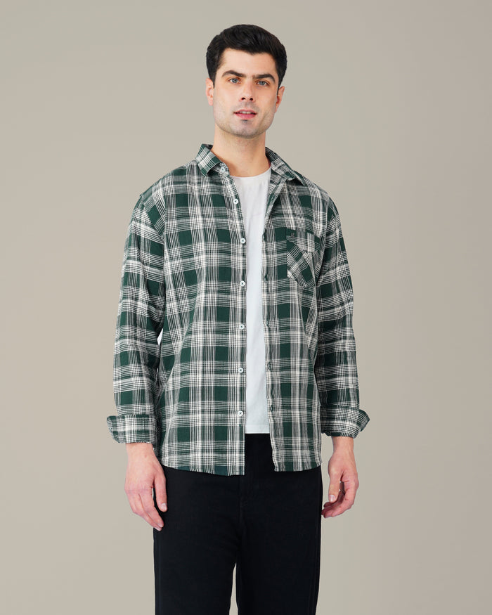 Dark Green and White Plaid 100% Cotton Dobby Weave Shirt