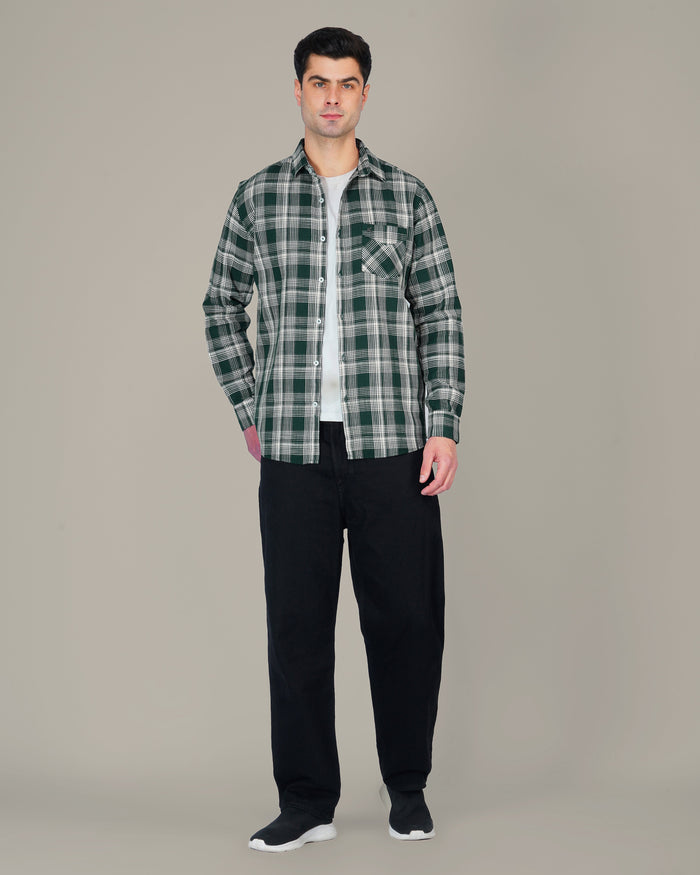 Dark Green and White Plaid 100% Cotton Dobby Weave Shirt