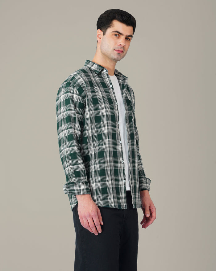 Dark Green and White Plaid 100% Cotton Dobby Weave Shirt