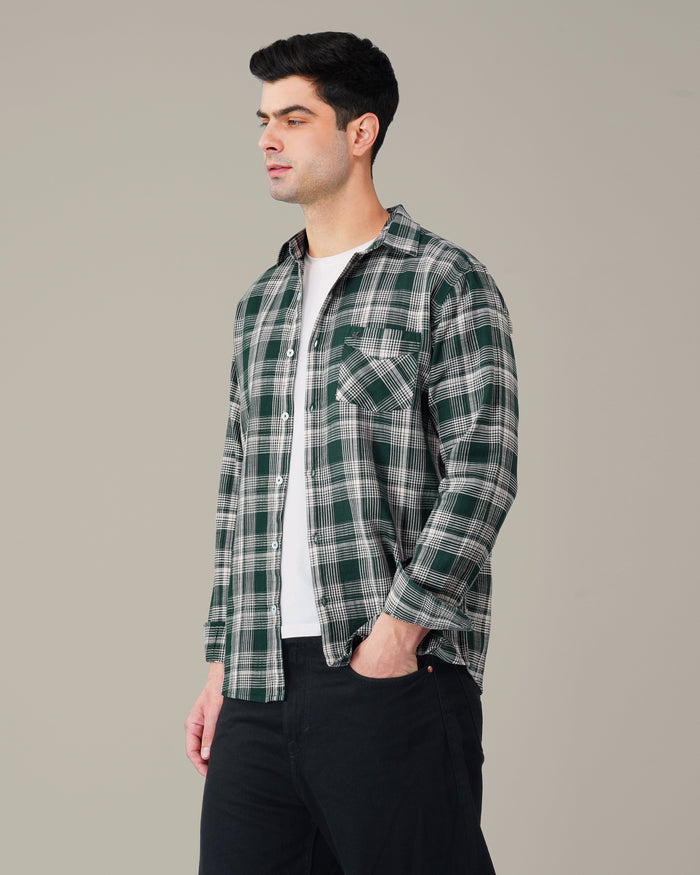 Dark Green and White Plaid 100% Cotton Dobby Weave Shirt