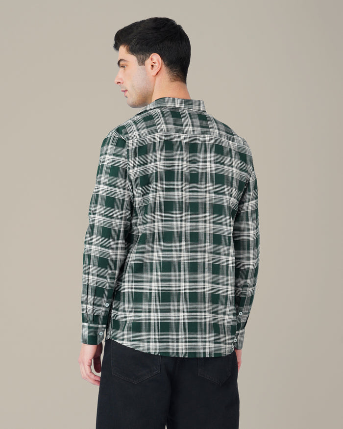 Dark Green and White Plaid 100% Cotton Dobby Weave Shirt