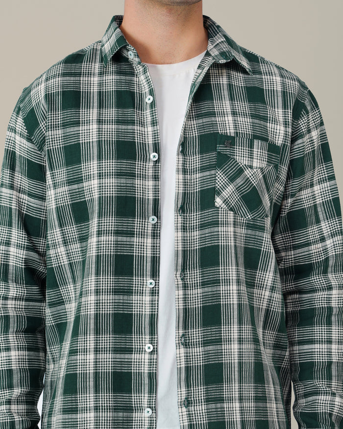 Dark Green and White Plaid 100% Cotton Dobby Weave Shirt