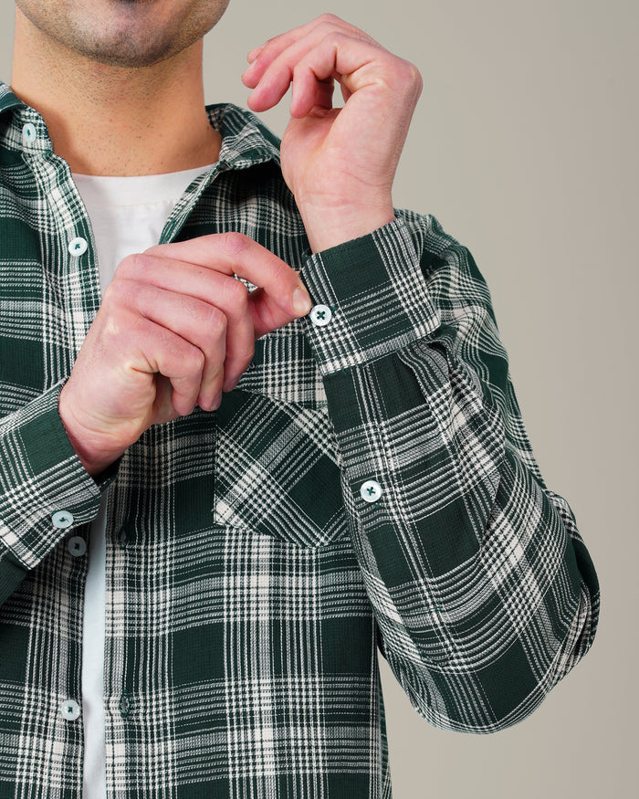 Dark Green and White Plaid 100% Cotton Dobby Weave Shirt