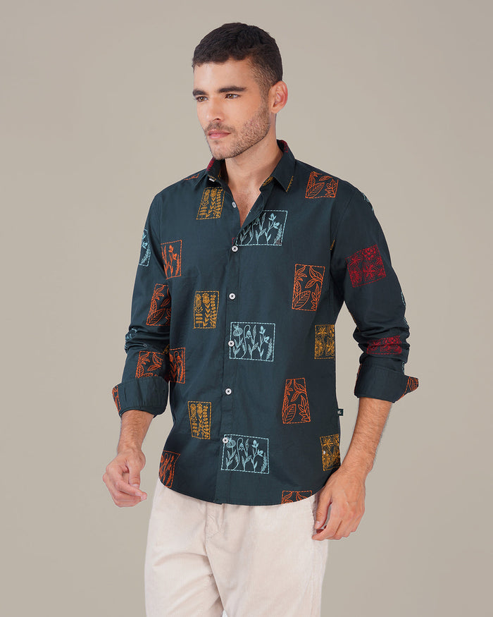 Dark Green Floral Print Cotton-Rich Slub Weave Shirt