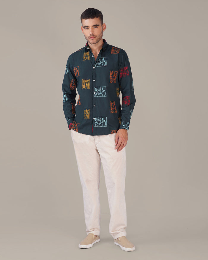 Dark Green Floral Print Cotton-Rich Slub Weave Shirt