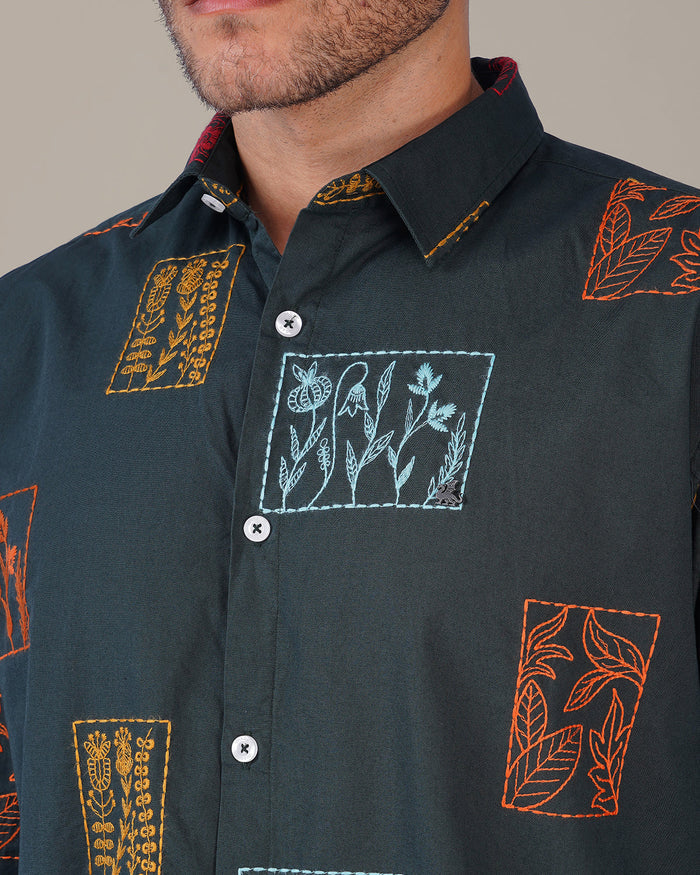 Dark Green Floral Print Cotton-Rich Slub Weave Shirt