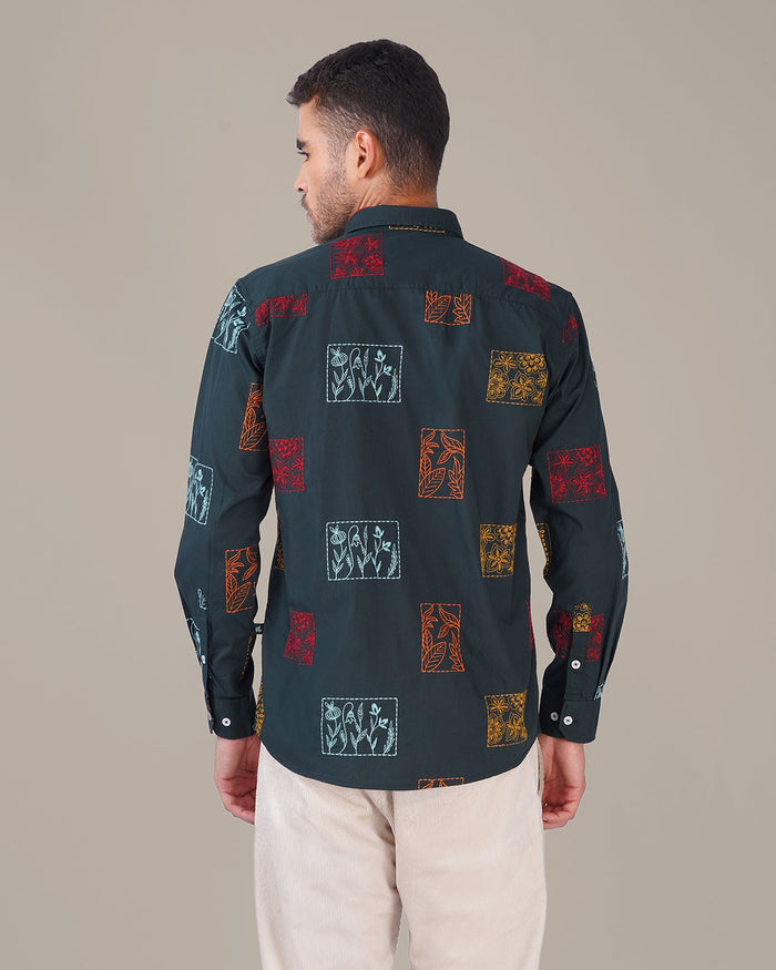 Dark Green Floral Print Cotton-Rich Slub Weave Shirt