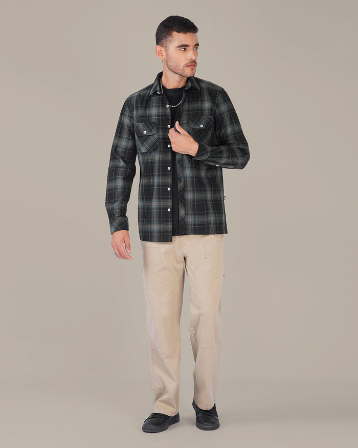 Dark Green Plaid 100% Cotton Slub Button-Up Shirt