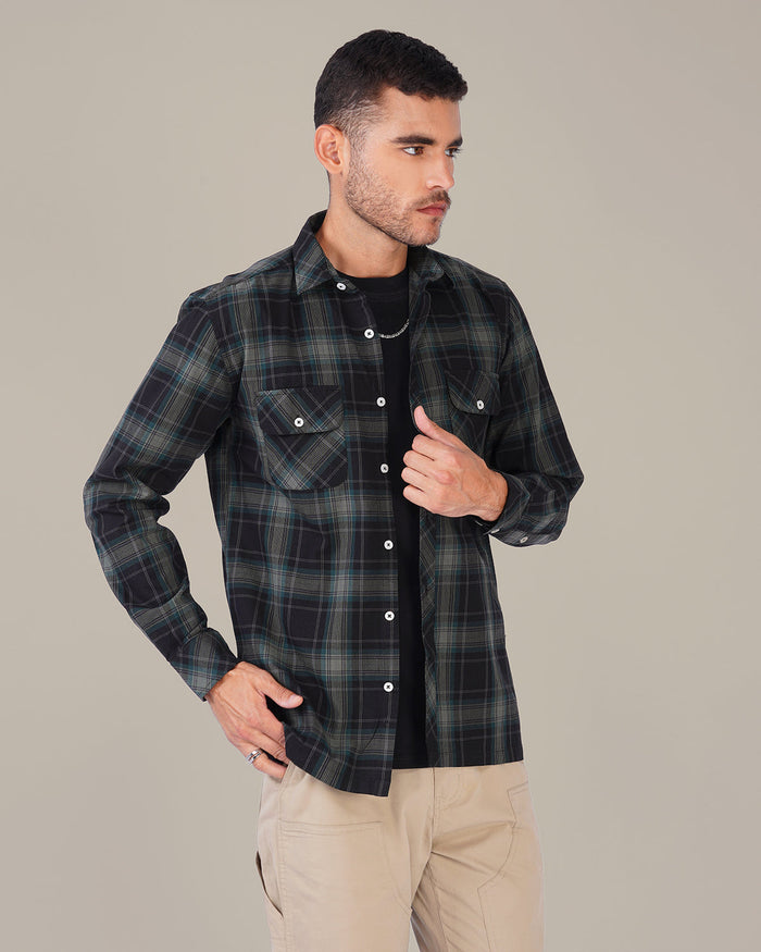 Dark Green Plaid 100% Cotton Slub Button-Up Shirt