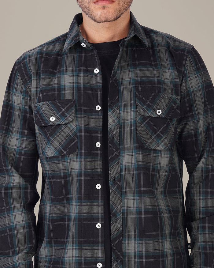 Dark Green Plaid 100% Cotton Slub Button-Up Shirt
