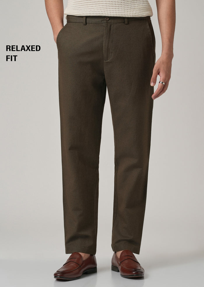 Dark Olive Linen Relaxed Fit Trouser