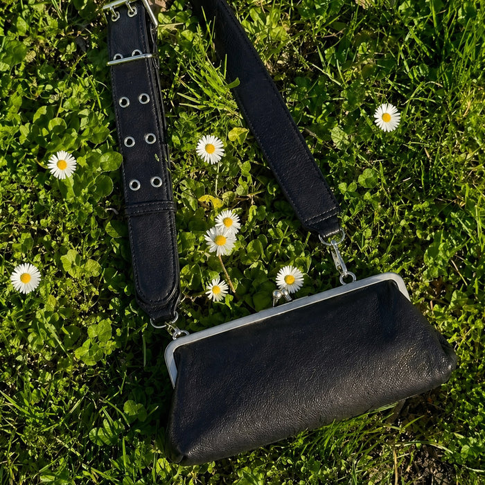 Alba Frame Small Shoulder Bag in Pebbled Leather - Black