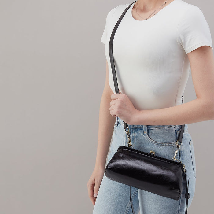 Alba Frame Small Shoulder Bag in Polished Leather - Black