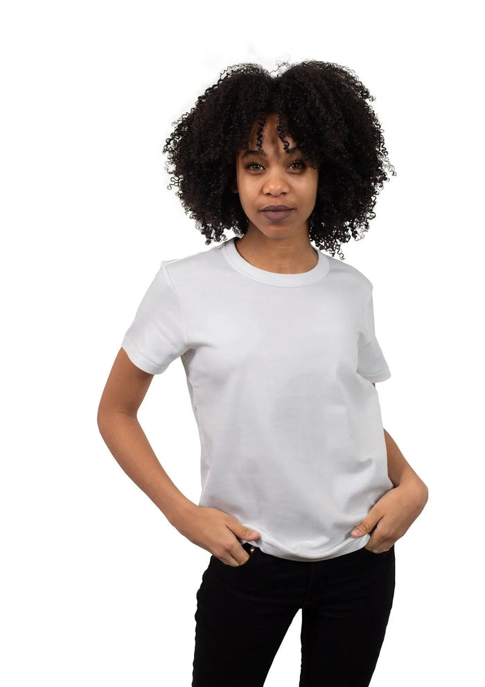 women's white boyfriend cut t-shirt airlume cotton lifestyle image