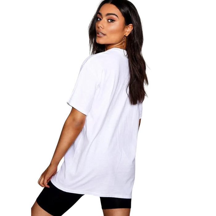 womens white boyfriend cut t-shirt crew neck back view lifestyle image