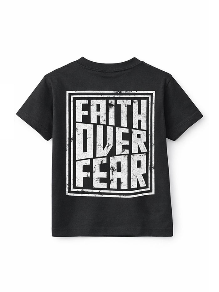 Black t-shirt with 'Faith Over Fear' text on a white background