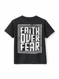 Black t-shirt with 'Faith Over Fear' text on a white background