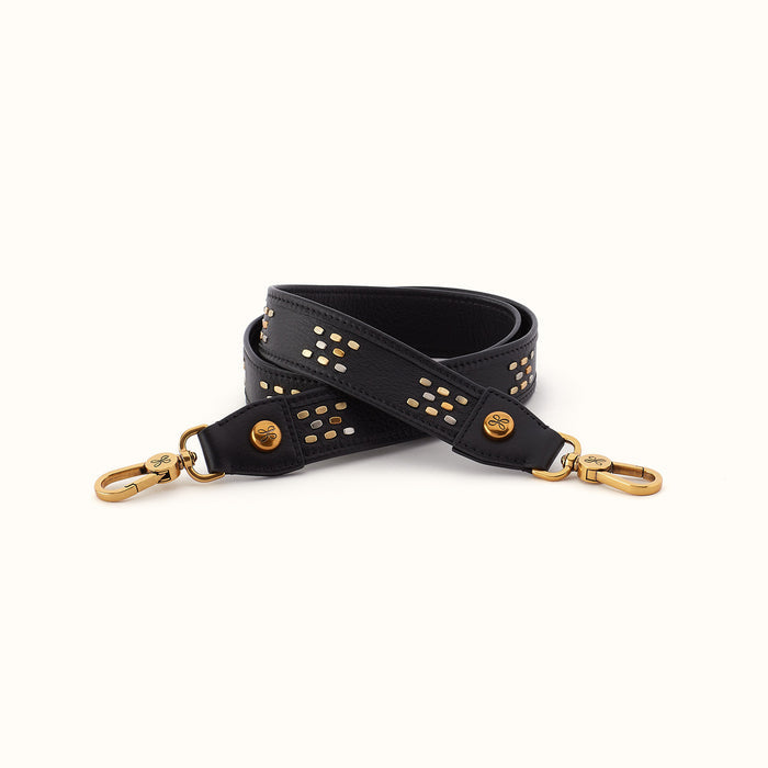 Flat Stud Guitar Strap In Polished Leather - Black- FOL