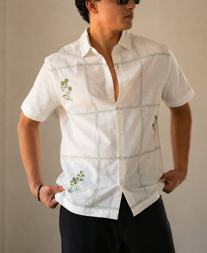 Off-White Floral Embroidery Shirt 100% Cotton