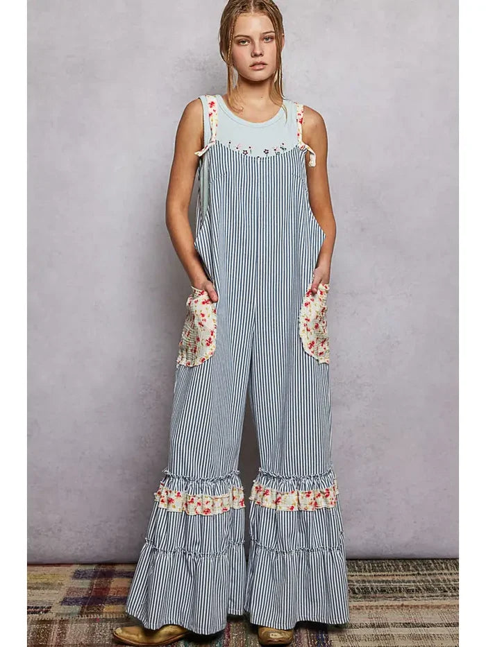 Floral Strap Patch Pocket Wide Ruffled Denim Overalls
