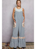 Floral Strap Patch Pocket Wide Ruffled Denim Overalls
