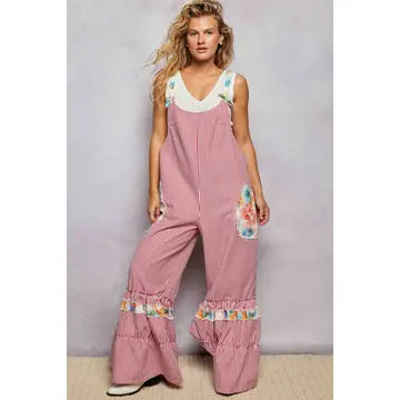 Floral Strap Patch Pocket Wide Ruffled Denim Overalls