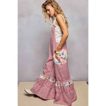 Floral Strap Patch Pocket Wide Ruffled Denim Overalls