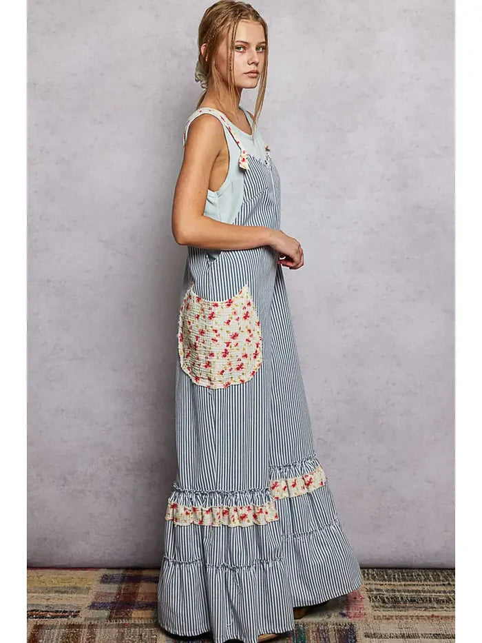 Floral Strap Patch Pocket Wide Ruffled Denim Overalls