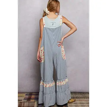 Floral Strap Patch Pocket Wide Ruffled Denim Overalls