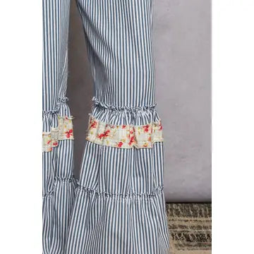 Floral Strap Patch Pocket Wide Ruffled Denim Overalls