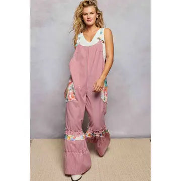 Floral Strap Patch Pocket Wide Ruffled Denim Overalls