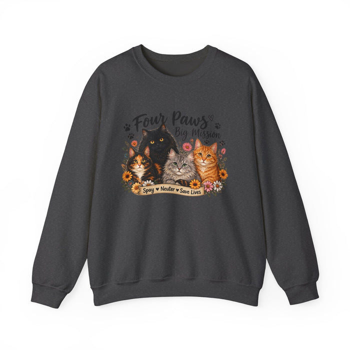 Four Paws Big Mission Cat Rescue Sweatshirt — "Spay • Neuter • Save Lives" Crewneck