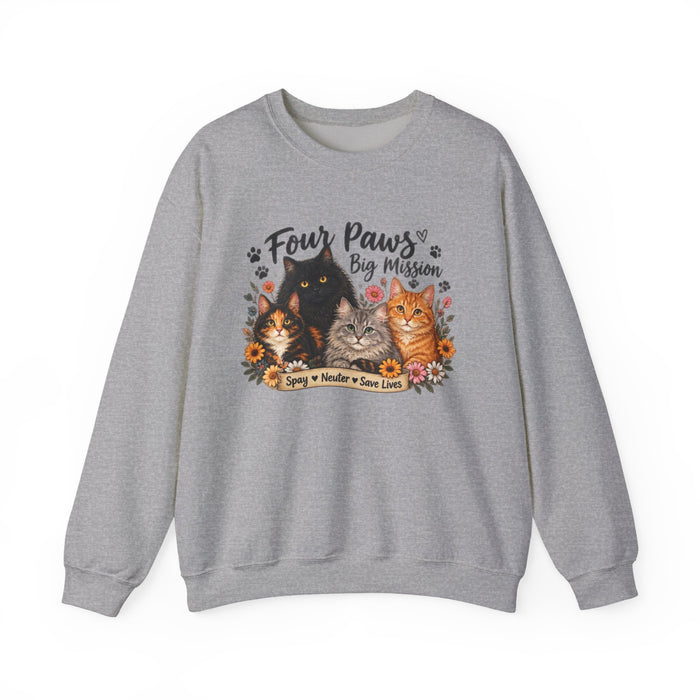 Four Paws Big Mission Cat Rescue Sweatshirt — "Spay • Neuter • Save Lives" Crewneck