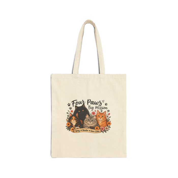 Four Paws Big Mission Cat Tote Bag — Cute Rescue Cats Canvas Tote