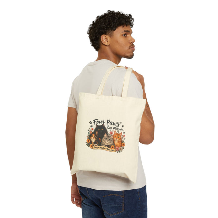 Four Paws Big Mission Cat Tote Bag — Cute Rescue Cats Canvas Tote