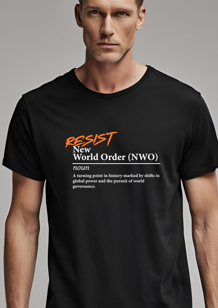 man wearing a resist new world order black t-shirt