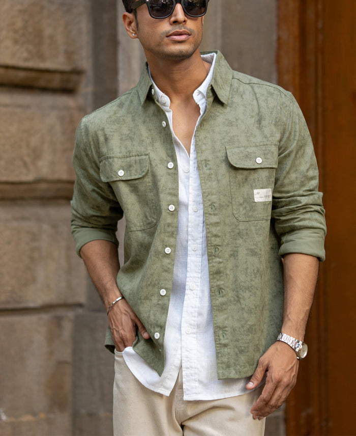 Green Printed Structure Shirt 100% Cotton