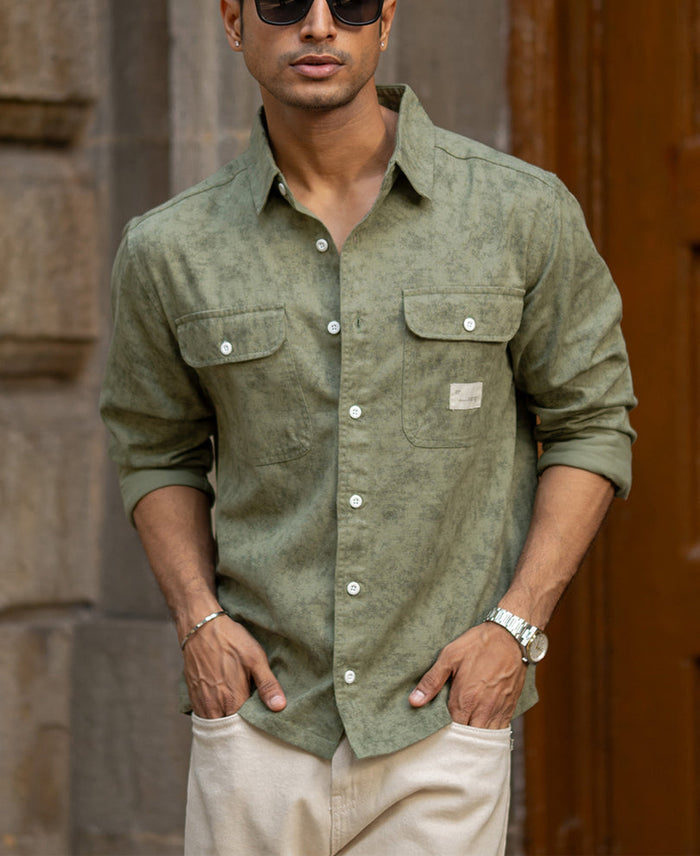 Green Printed Structure Shirt 100% Cotton