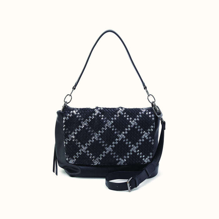 Harley Convertible Shoulder In Woven Leather - Black Metallic Woven- FOL