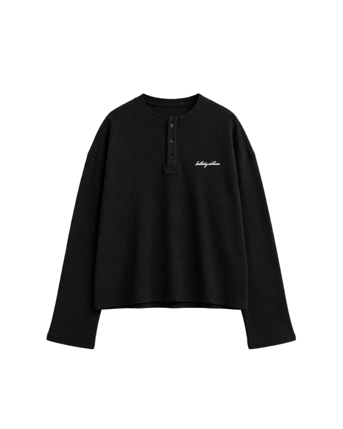HASHWAY ARCHIVES EMBROIDERED HENLEY WAFFLE T-SHIRT - BLACK