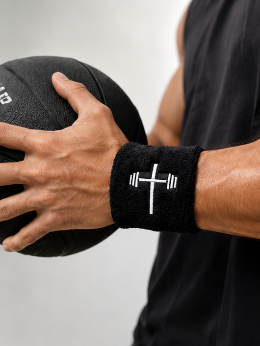 A close-up of a person's arm wearing a black athletic wristband with a white barbell and cross logo, holding a black basketball against a light gray background.