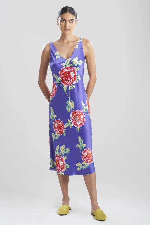 Island Fleur-Printed Matte Satin Gown