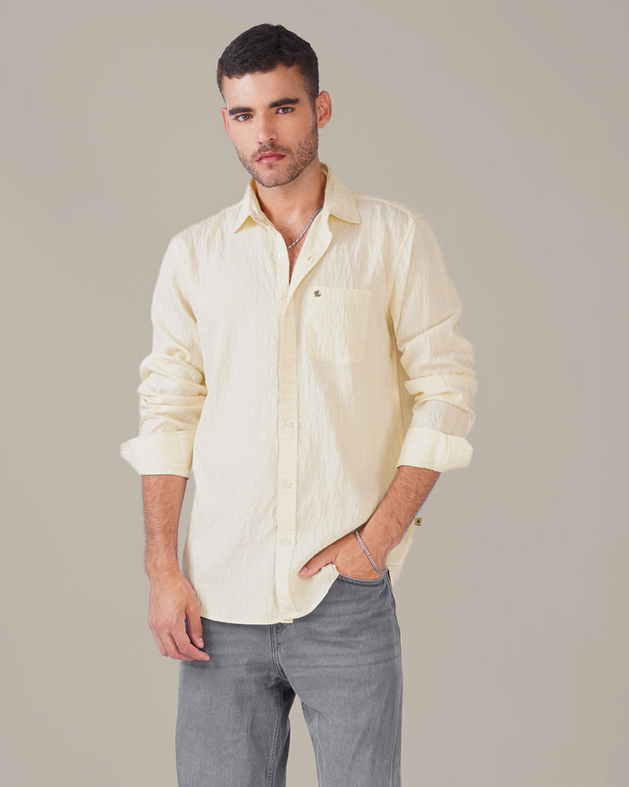 Ivory Solid Crinkled Poly Viscose Blend Classic Fit Shirt