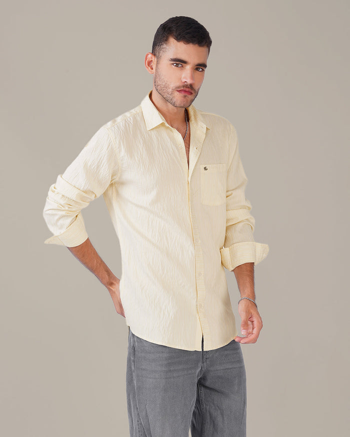Ivory Solid Crinkled Poly Viscose Blend Classic Fit Shirt