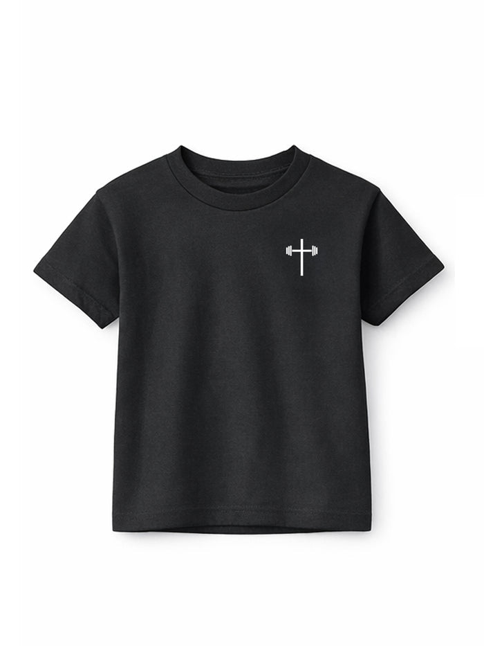 Black Jesus is King Youth Tee featuring a small white barbell cross logo on the front left chest, made from comfortable fabric for everyday wear.