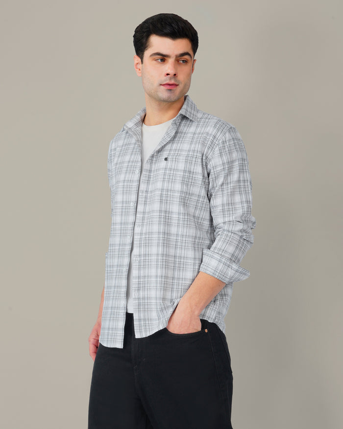 Light Blue Checked 100% Cotton Slub Button-Down Shirt